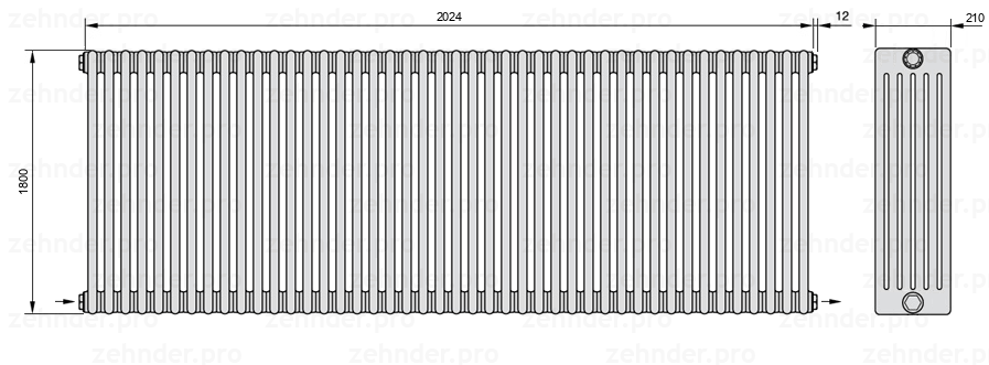 Схема (чертеж) Радиатор Zehnder Charleston 6180/44 №2670 Белый глянцевый RAL 9016